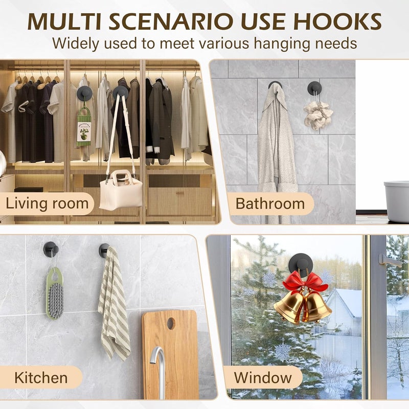 Ninth Five Shower Suction Cup Hooks, Heavy Duty Bathroom Wall Hooks for Towels, Robes, Loofahs, Removable Metal Hook for Tile Glass Mirror, No Drill(4 Pack, Black) - Image 4